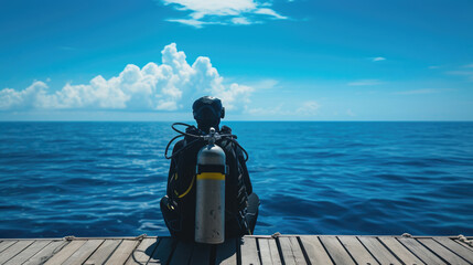 Scuba diver before diving. A man in a diving suit is preparing to dive into the deep sea. - obrazy, fototapety, plakaty