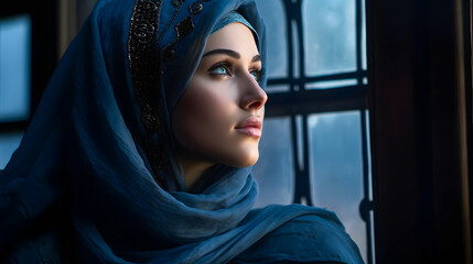 Naklejka premium beautiful muslim woman in hijab looking out the window