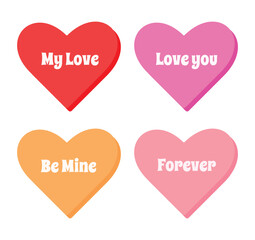Sweet heart shape sticker set. Valentines day concept. Isolated on white background. Different color bundle. Conversation, Love text. Romantic colorful element collection. Flat vector illustration.