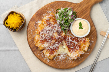 seafood white, seafood,cutlet, soft tofu, pollack roe cheese potato, roe, cheese, potato, pork, grilled 