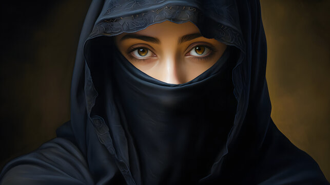 beautiful asian muslim woman wearing niqab over dark background