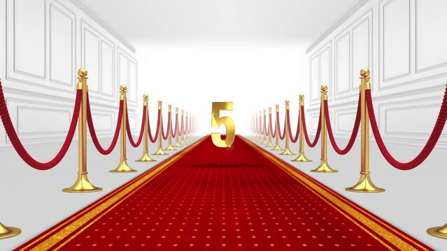 3D animation of the number five wearing a crown on red carpet