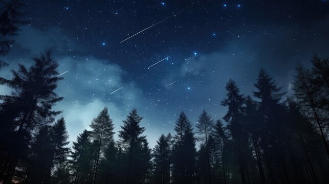 Beautiful night sky, the Milky Way, meteor and the trees.