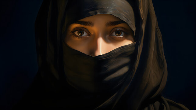beautiful asian muslim woman wearing niqab over dark background