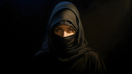 beautiful asian muslim woman wearing niqab over dark background