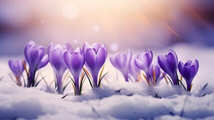 Crocus spring flower Growth In The Snow. Beautiful Floral wide panorama. Purple Crocus Iridaceae, copy space - generative ai - obrazy, fototapety, plakaty