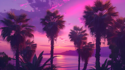 Fototapeta na wymiar Palm trees framed by purple and pink shades of sunset create an incredible sight