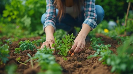 Fototapeta premium Young beautiful woman. Gardener plants carrots in a garden bed