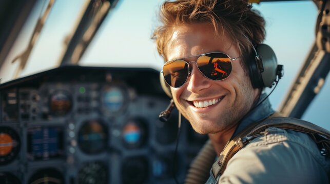 Young smiling pilot in sunglasses sitting at the helm of an airplane