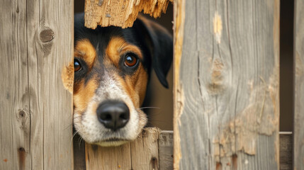 Watchful dog with brown and black fur looking over the top of a wooden fence