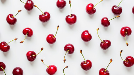 Top view of ripe red cherries trendy pattern. White background. Food modern concept. Generative AI