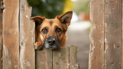 German shepherd dog looking through a hole in the fence.