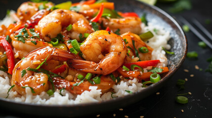 Fried spicy shrimp with rice and spices. On a black plate, wooden table. Unusual background. Asian cuisine. Homemade food. Restaurant.