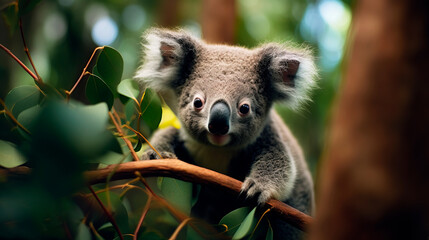 Obraz premium Adorable little fluffy Koala cub in the eucalyptus forest of Australia