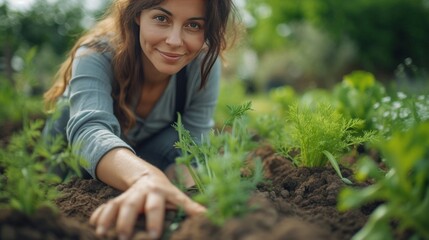 Young beautiful woman. Gardener plants carrots in a garden bed