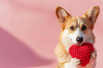 
corgi dog hold out a knitted red heart isolated on pink pastel background, valentines day greeting card