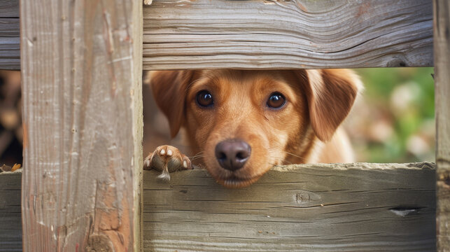 Golden-furred Dog Peering Through A Gap In The Wooden Slats Of A Fence.