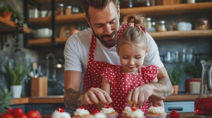 Dad and daughter preparing cupcakes in a modern kitchen wearing red polka dot aprons