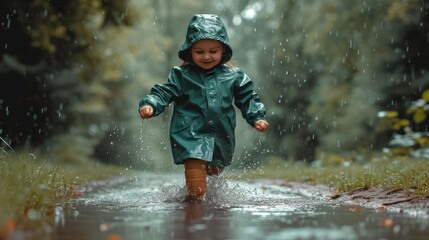portrait of a little girl in a green raincoat runs through puddles in the rain