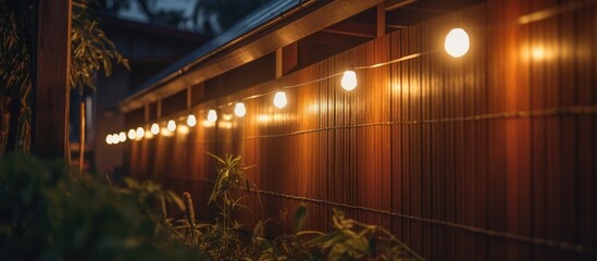 Small solar powered LED lights on the front fence of the house with light at night - obrazy, fototapety, plakaty