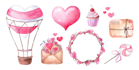 Set cute pink watercolor Hearts and Letters. Illustrations for Valentine's Day and wedding isolated on white background. Elements for design of cards and invitations