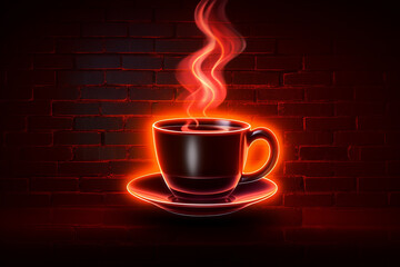 Neon glowing icon of hot coffee cup on a red brick wall background. Poster, Flyer, Banner, Postcard, Invitation