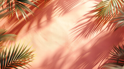 abstract background.Sand and coral colors with tropic palm leaves, copy space, generative ai