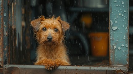 Sad shaggy dog sits alone in a booth in the rain