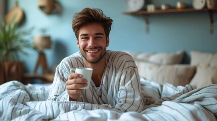 Young handsome man in striped pajamas drinks coffee while sitting on the bed - obrazy, fototapety, plakaty