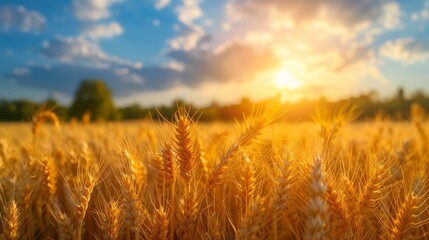 Naklejka premium Earing wheat field in sunny summer weather