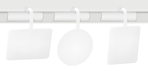 Rectangular, round, square shelf wobbler. Vector mockup set. White blank supermarket dangler realistic mock-up