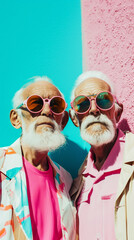 Two stylish older men dressed in bright street funky clothes, modern sunglasses on a bright pastel wall. Generative AI