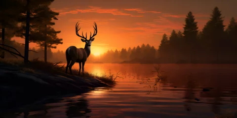 Foto op Canvas Silhouette of white tailed deer of Texas farm, sunset, natural light, Elegant Deer by the Seashore,   © imran