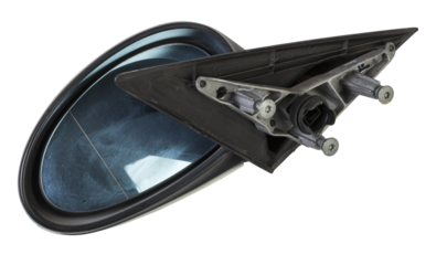 Close-up on a side mirror from a sedan with turn signal repeaters for repair and replacement after an accident in a workshop. Auto service industry. Spare parts catalog.