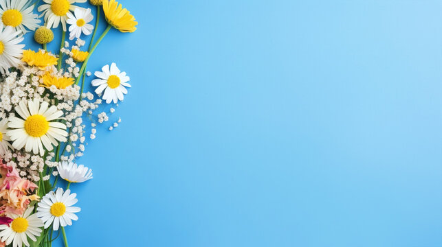 Colorful flowers on isolated blue background with copy text space - ai generative