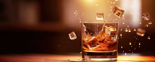 Whiskey glass with flying ice cubes