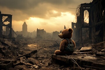 n the aftermath of a devastating earthquake, this striking scene depicts a city in ruins, with collapsed buildings, shattered infrastructure, and dust filling the air - obrazy, fototapety, plakaty