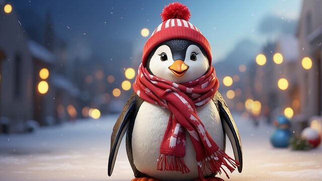 Christmas penguin wearing a scarf, generative ai