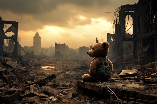 n the aftermath of a devastating earthquake, this striking scene depicts a city in ruins, with collapsed buildings, shattered infrastructure, and dust filling the air