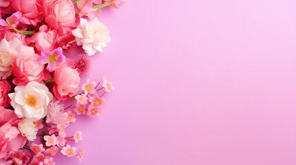 Colorful flowers on isolated pink background with copy text space - ai generative