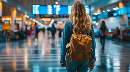 Young girl with a tourist backpack at the airport. selective focus. Generative AI, - 721246275