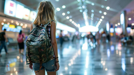 Young girl with a tourist backpack at the airport. selective focus. Generative AI,