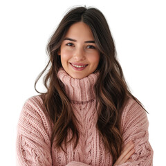 portrait of a woman wearing warm pink sweater