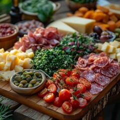 Cheese and Charcuterie Board, An appetizing spread of assorted cheeses, cured meats, and accompaniments on a wooden board