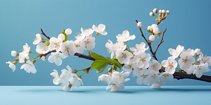 Cherry blossom branch on a blue frame, Plum spring flowers, 
Blooming cherry branch on a blue background
