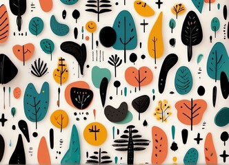 Abstract organic shape seamless pattern with black geometric doodles on Flat cartoon background with simple random shapes in bright childish colors from Generative AI