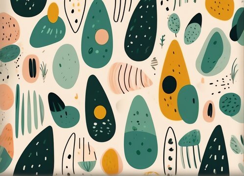 Abstract organic shape seamless pattern with green geometric doodles on Flat cartoon background with simple random shapes in bright childish colors from Generative AI