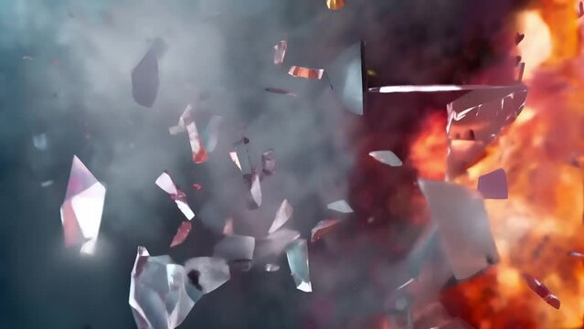 Slow motion of flying fragments after an explosion. Broken glass against the background of fire. War and destruction concept