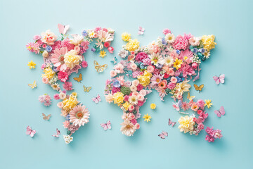 World map made with fresh flowers.