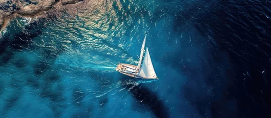 Poster A panoramic photo taken by an aerial drone shows a stunning sailboat sailing in the deep blue sea near a Mediterranean port. © 2rogan